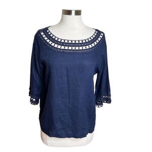 3/$30 J Jill Love Linen Top Small Petite Navy Blue 3/4 Sleeve Crochet Lace Boxy